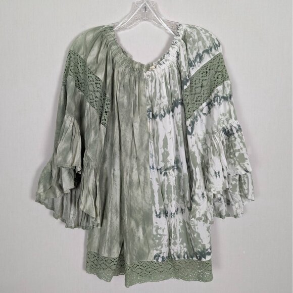 SURF GYPSY Sage Green Tie Dye Off The Shoulder Lace bell sleeve Tunic Sz‎ M - Picture 1 of 15